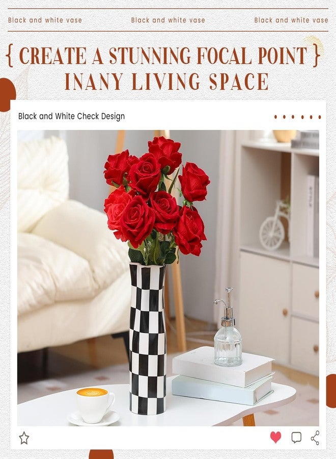 Ninehaoou Black and White Checkered Vase Large 11.25 Inch Height Modern Checkered Decor Ceramic Black and White Flower Shaped Decorative Vase for Office, Bedroom, Home Decor - Image 4
